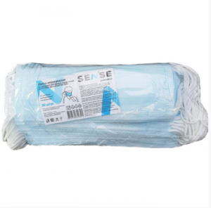 Маска ТРЕХСЛОЙНАЯ на резинке полиэтилен.упаковка (голубая, 50шт) SENSE